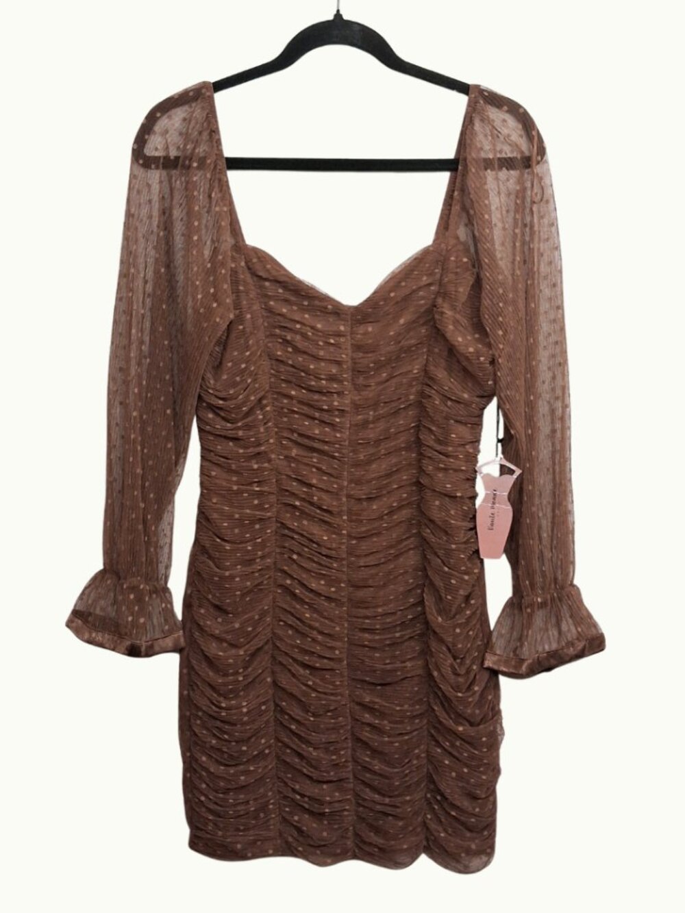 HAUTE MONDE Bodycon Dress Brown Polka Dot Ruched Long Sleeve Mini Large NWT
